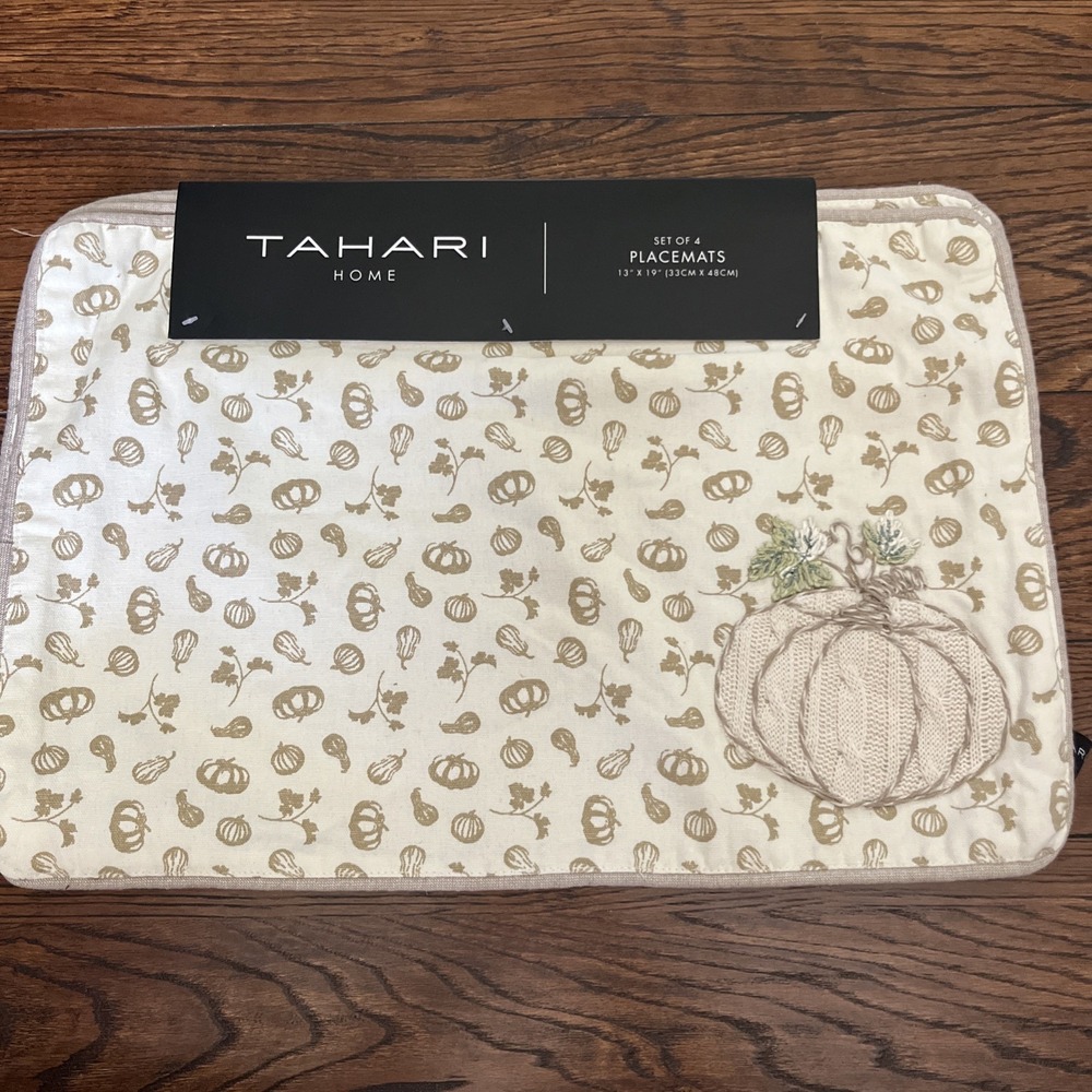 Tahari Beige Fall Pumpkin Placemats Embroidered Appliqué Set Of 4- 13x19" New‎